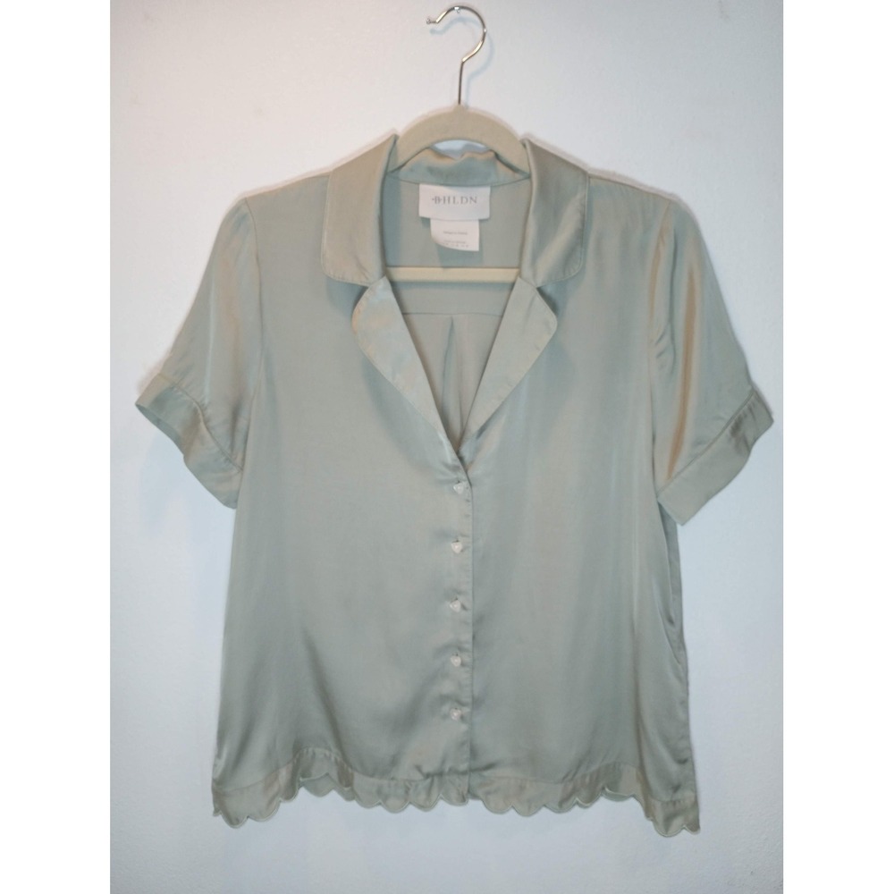 Anthropologie BHLDN Sage Scalloped Hem Blouse Heart Buttons Size M Feminine Chic